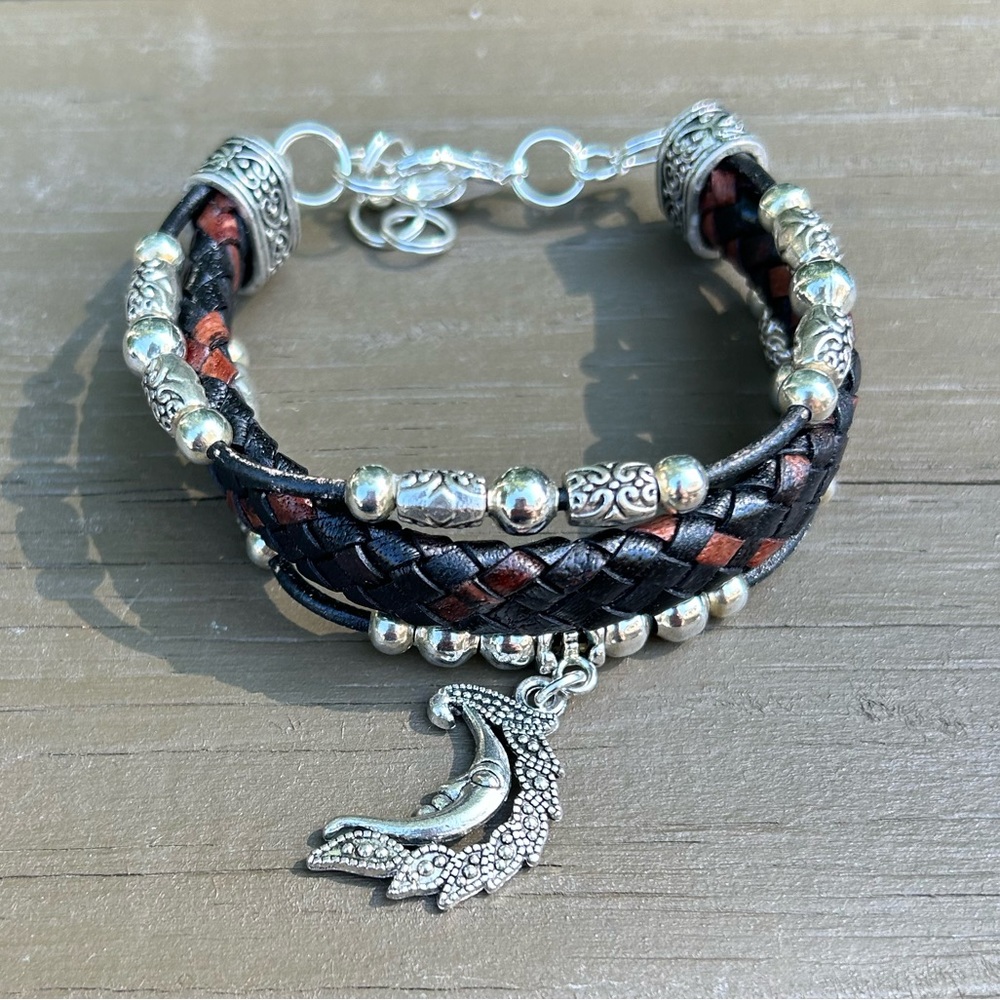 Bracelet hand crafted braided leather & silver bracelet w/ moon charm
